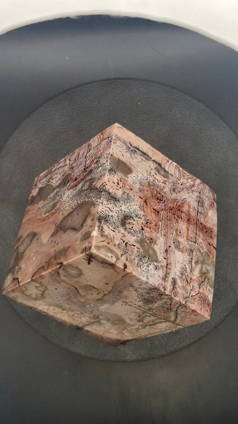 Pink dendritic jasper balancing cube 1.4 pounds, 2.4 by 2.4 inches