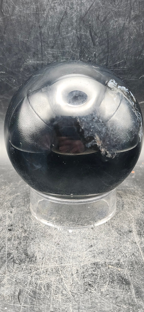 Black agate sphere! 67.3mm, 2.6 inches, 14.7 ounces