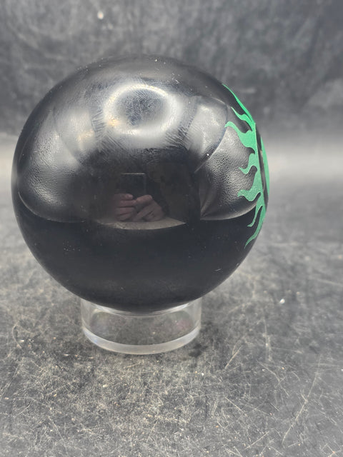 Black obsidian green sun sphere! 11.2 ounces, 2.4 inches!