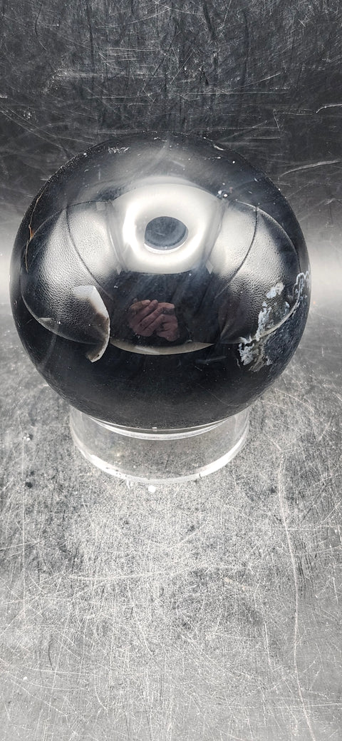 Black agate sphere! 67.3mm, 2.6 inches, 14.7 ounces