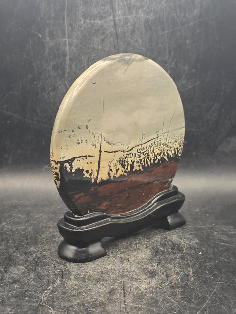 Natural picture jasper slab with stand! 5 ounces, 3.5 inches wide