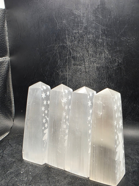 Selenite engraved fairy tower! 3.8 inches tall, 4.5 ounces!