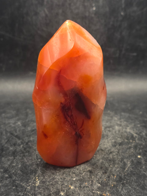 Carnelian agate flame tower! 6 ounces, 3.3 inches tall, 1.7" wide