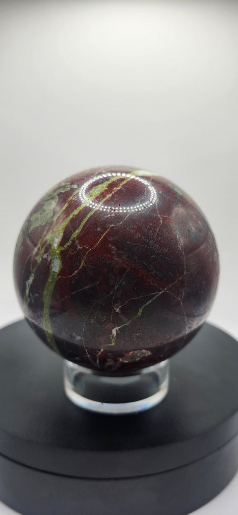 Dragon bloodstone sphere! 79.8mm, 3.14 inches, 1.11 pounds
