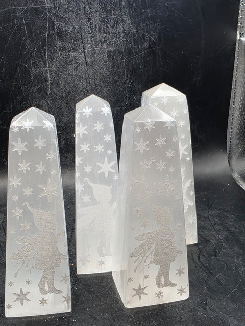 Selenite engraved fairy tower! 3.8 inches tall, 4.5 ounces!