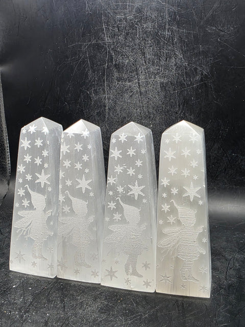 Selenite engraved fairy tower! 3.8 inches tall, 4.5 ounces!