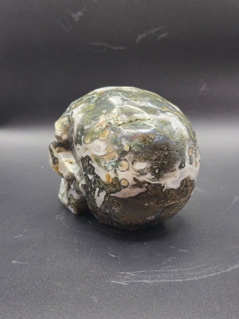 Druzy moss agate skull! 1.10 pounds, 3.9 inches long, 3.1" tall