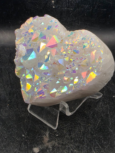 White pearl aura quartz heart! 8 ounces, 2.7 inches wide, 2.5" tall
