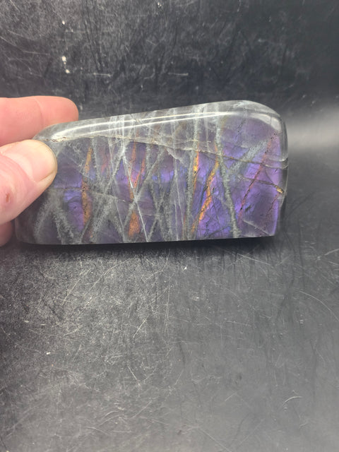 Purple flash sunset labradorite free form, 15 ounces 4 inches wide