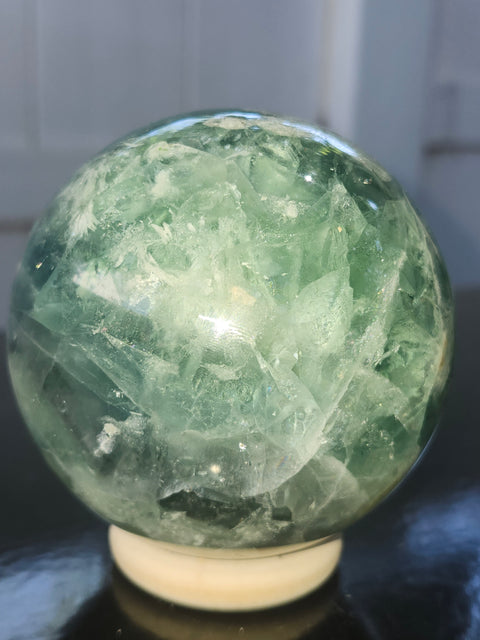 Snowflake florite sphere! 79mm, 3.13 inches, 1.15 pounds