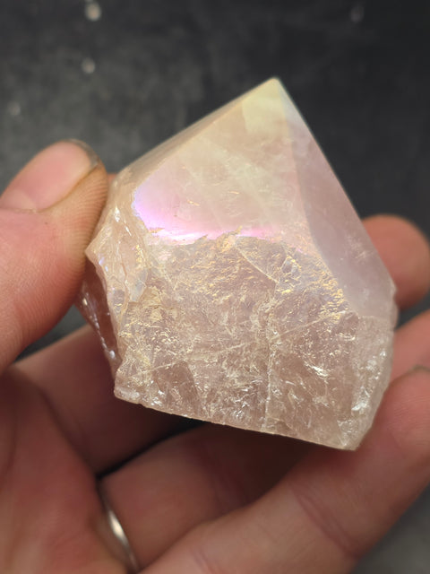 Rose aura quartz polished top point, 5.8 ounces, 1.9 inches tall, 2.4" wide