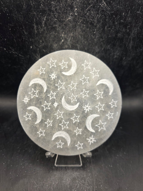 Selenite sun and moon etched charging plate! 4 inches wide