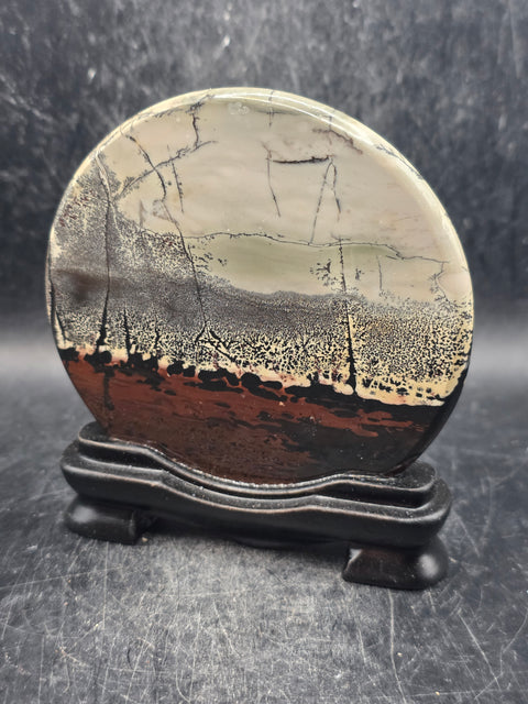 Natural picture jasper slab with stand! 5 ounces, 3.5 inches wide