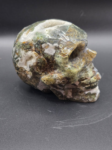 Druzy moss agate skull! 1.10 pounds, 3.9 inches long, 3.1" tall