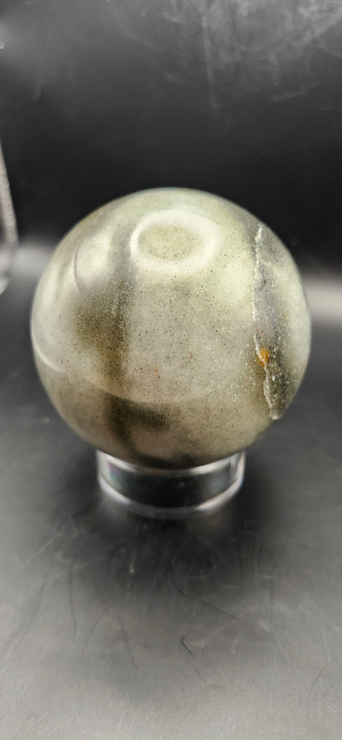 Green,gray aventurine sphere, 72.3mm, 2.84 inches, 1.2 pounds.  Sparkles!!