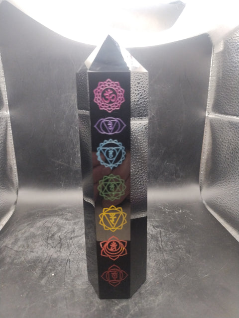 Large 7 chakra black obsidian tower! 7 inches tall, 1.2 pounds!