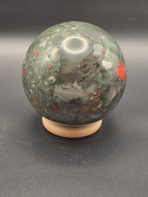 African bloodstone sphere! 74.8mm, 2.9 inches, 1.4 pounds