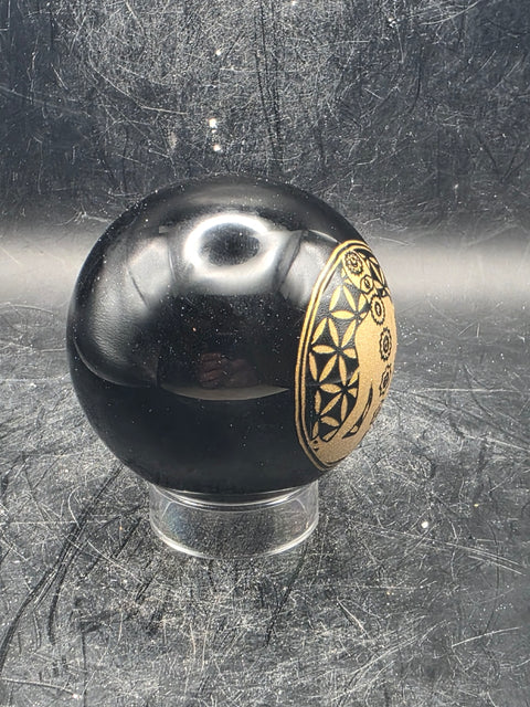 Gold 7 Chakra black obsidian sphere, 58.4mm, 2.2 inches, 8.7 ounces