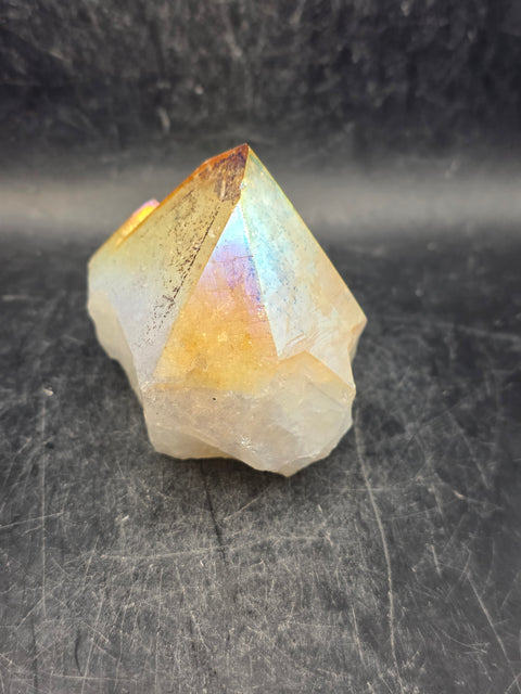 Angel aura citrine polished top point! 5.7 ounces, 2.3 inch by 2.3"