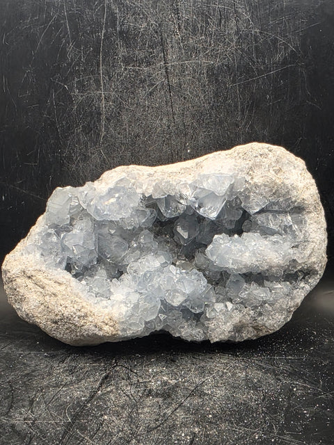 Large blue calcite geode! 1.15 pounds, 5.3 inches long, 2.3" wide