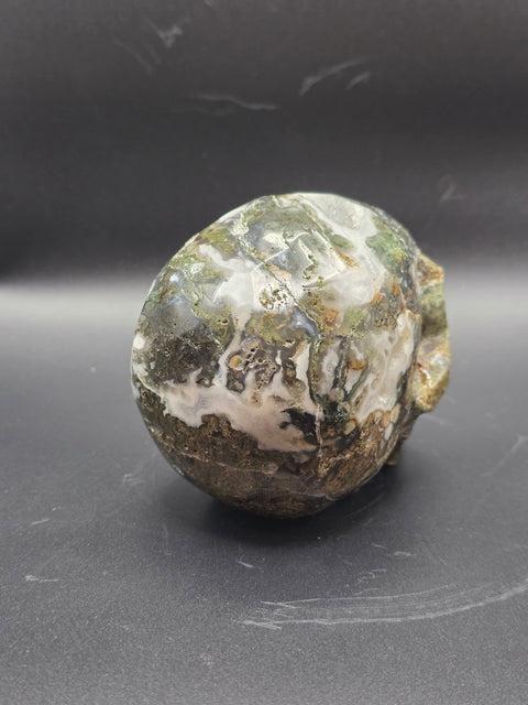 Druzy moss agate skull! 1.10 pounds, 3.9 inches long, 3.1" tall