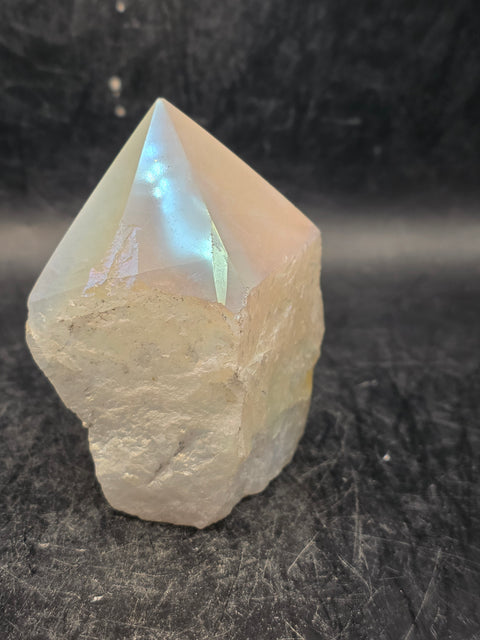 White pearl aura quartz polished top point, 6.3 ounces, 2.6 inches tall