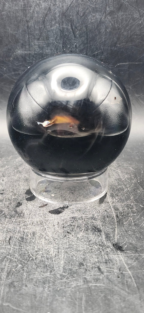 Black agate sphere! 67.3mm, 2.6 inches, 14.7 ounces