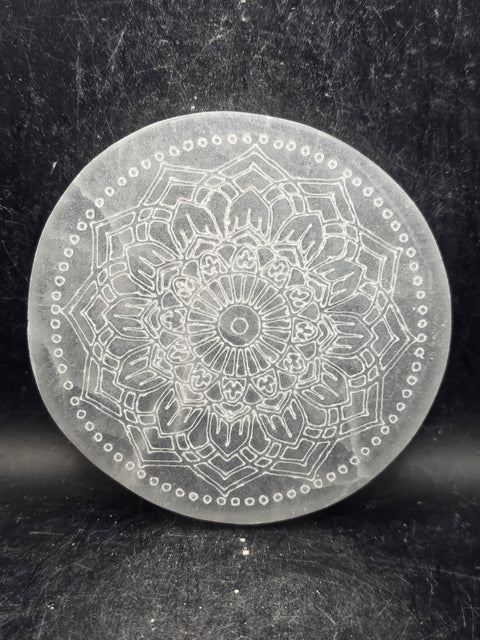 Selenite etched mandala charging plate! 4 inches wide