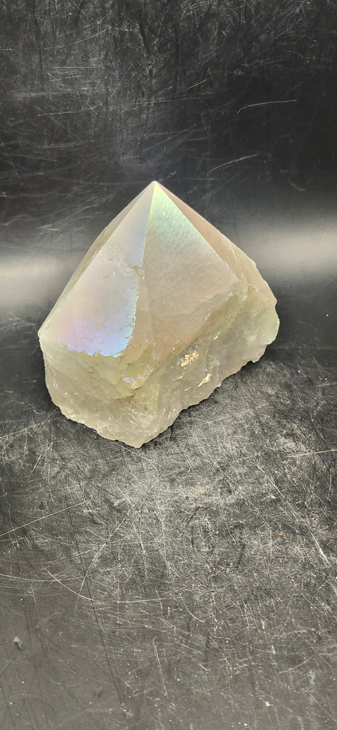 White pearl aura quartz polished top point! 7.7 ounces, 2.5 by 3 inches