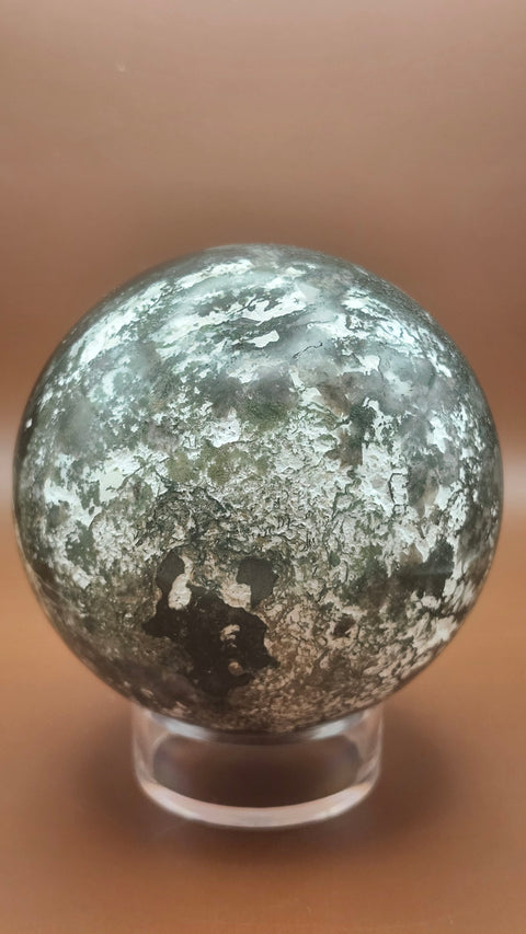Moss agate sphere. 81.4mm,.3.20 inches, 1.9 inches