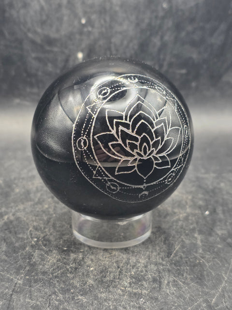 Black obsidian silver lotus flower sphere! 9.8 ounces, 2.3 inches!