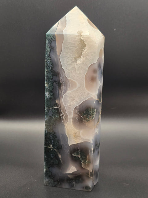 Jumbo moss agate tower! 8 inches tall, 2.12 pounds! 2.5" by 2" base