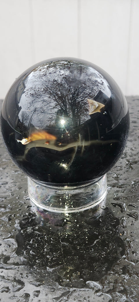 Black agate sphere! 67.3mm, 2.6 inches, 14.7 ounces