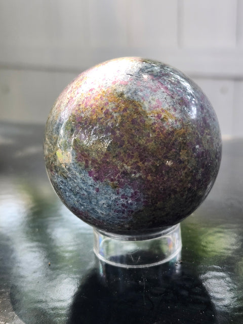 Ruby in kyanite sphere 14.5 ounces, 60mm, 2.36 inches uv reactive