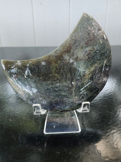 Moss agate moon! 4.59 inches, 12 ounces