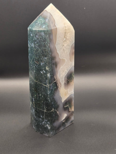 Jumbo moss agate tower! 8 inches tall, 2.12 pounds! 2.5" by 2" base