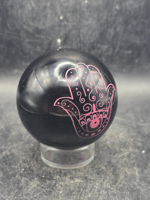Black obsidian pink hamsa hand sphere! 7.8 ounces, 2.2 inches!