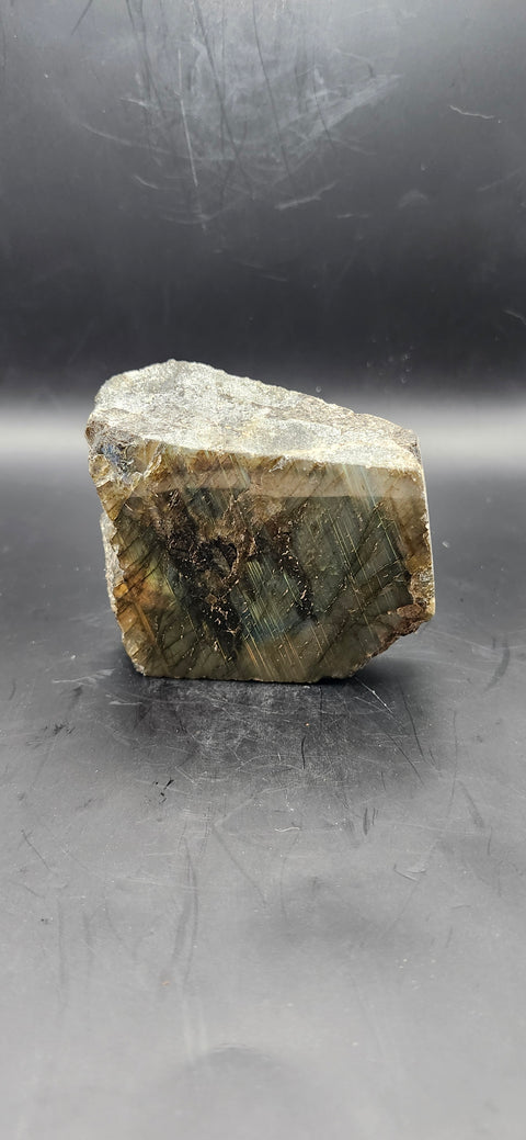 One side polished labradorite freeform. 9.3 ounces, 2.9 by 2.7 inches
