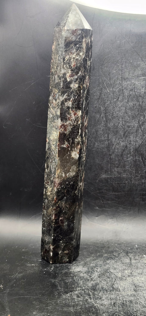 Large Astrophyllite garnet firework tower 8 inches tall, 14 ounces