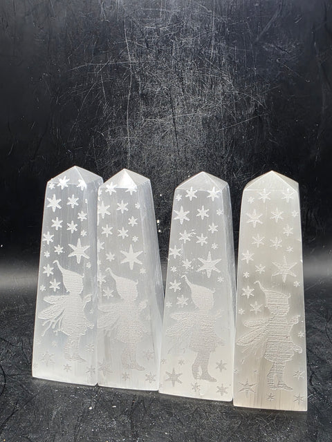 Selenite engraved fairy tower! 3.8 inches tall, 4.5 ounces!