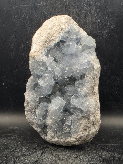 Large blue calcite geode! 1.15 pounds, 5.3 inches long, 2.3" wide