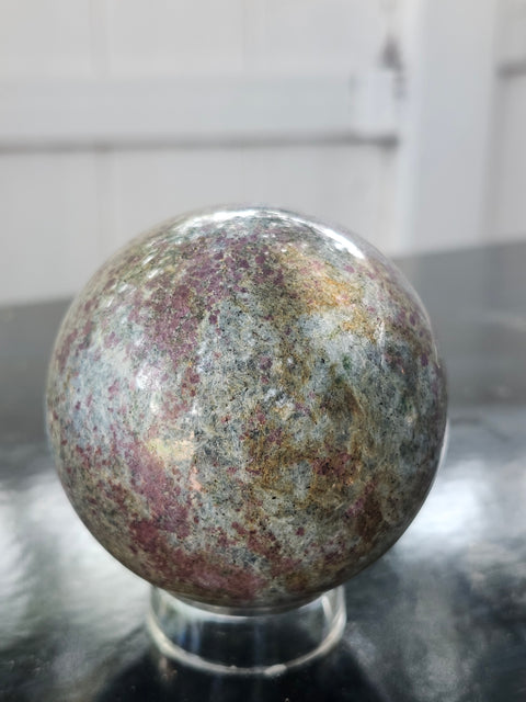 Ruby in kyanite sphere 14.5 ounces, 60mm, 2.36 inches uv reactive