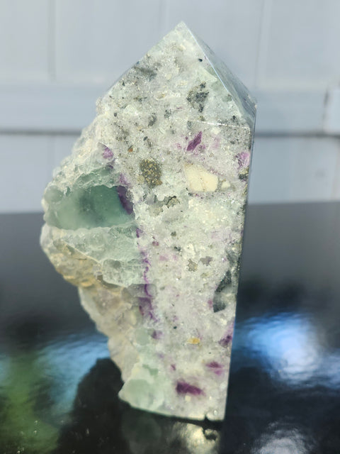 Pyrite in florite free form tower!!  4.4 inches tall, 2.5 inches wide, 1.2 pounds
