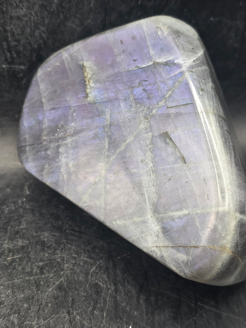Purple flash sunset labradorite free form, 13.7 ounces, 3.8 inches wide