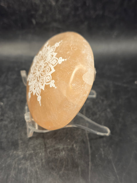 Peach selenite mandala etched palm stone! 2.5 inches wide