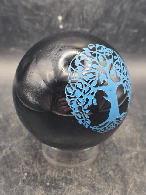 Black obsidian blue tree of life sphere, 2.3 inches, 10 ounces!