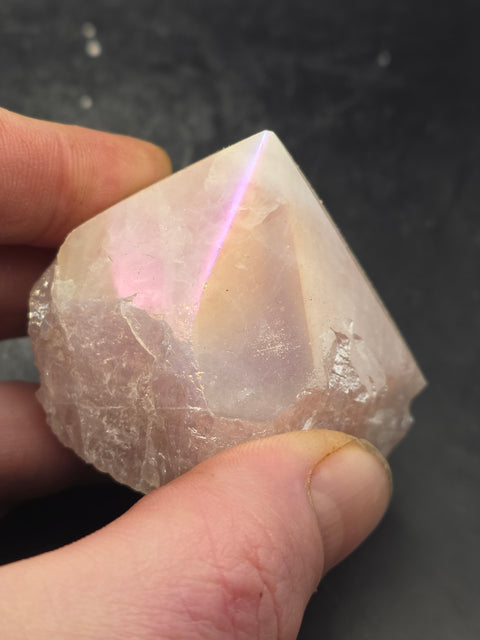 Rose aura quartz polished top point, 5.8 ounces, 1.9 inches tall, 2.4" wide