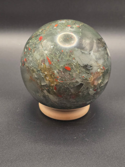 African bloodstone sphere! 74.8mm, 2.9 inches, 1.4 pounds