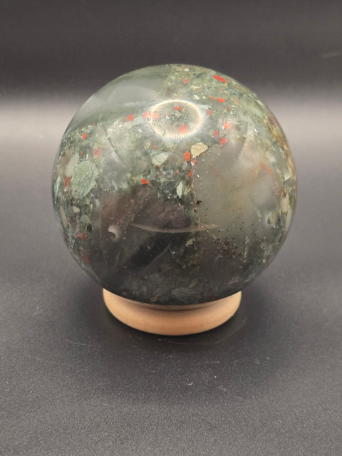 African bloodstone sphere! 74.8mm, 2.9 inches, 1.4 pounds