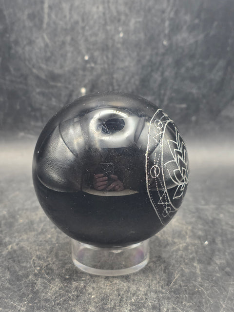 Black obsidian silver lotus flower sphere! 9.8 ounces, 2.3 inches!